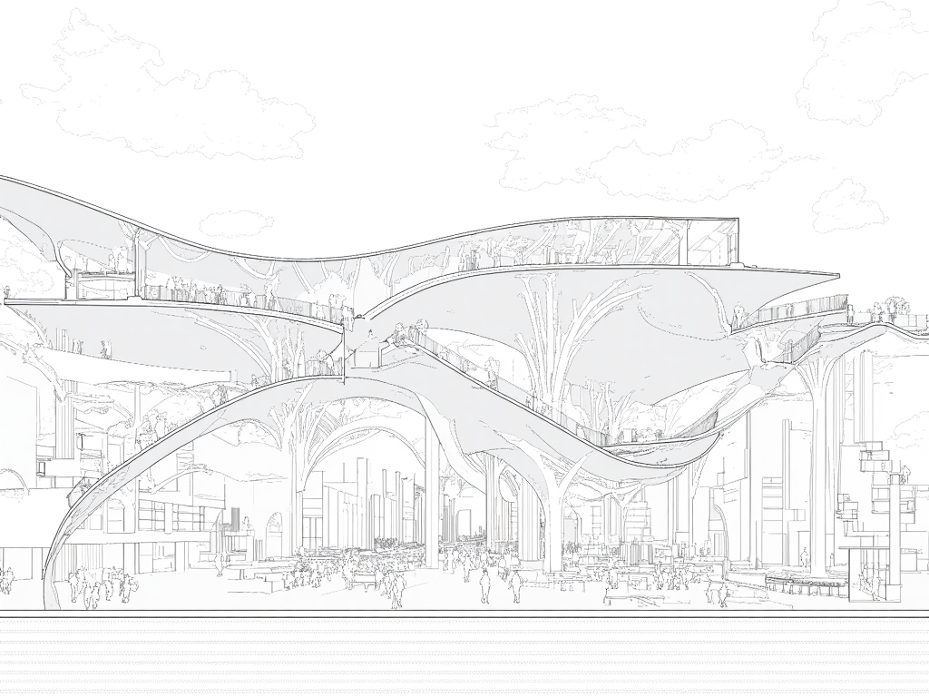 A sectional perspective drawing of a library with a dynamic, vivid interior scene. Several people are sitting and walking in the living area. The library features multiple levels, with interconnected spaces unified by curved structural elements. A large, open central atrium connects the floors visually and physically, with a sweeping ramp spiraling up to provide circulation. The architecture emphasizes fluid forms, with arches and vault-like elements supporting the floors and creating a sense of openness. The structural members appear light yet dynamic, contributing to an elegant aesthetic. The ground floor includes spaces with tables and chairs, suggesting areas for study or collaboration. The upper levels seem dedicated to reading areas and book storage, with shelves integrated into the walls. The perspective hints at a lively atmosphere, where people are reading, walking, or interacting within the space. The design prioritizes visibility and accessibility, encouraging community engagement and exploration. Large, open spaces suggest ample natural light, with potential for skylights or transparent facades. The interplay of light and shadow across the curved elements adds depth and dimension to the environment.,lineartSectionPerspectiveDrawing,lineartSectionPerspectiveDrawing