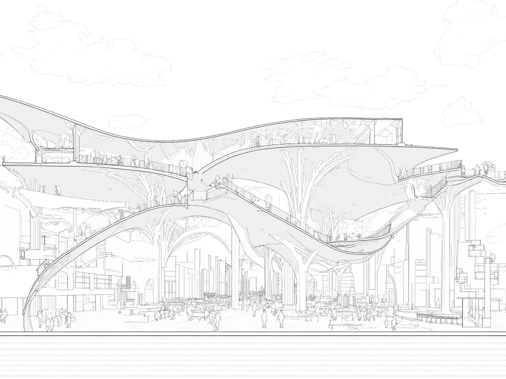 A sectional perspective drawing of a library with a dynamic, vivid interior scene. Several people are sitting and walking in the living area. The library features multiple levels, with interconnected spaces unified by curved structural elements. A large, open central atrium connects the floors visually and physically, with a sweeping ramp spiraling up to provide circulation. The architecture emphasizes fluid forms, with arches and vault-like elements supporting the floors and creating a sense of openness. The structural members appear light yet dynamic, contributing to an elegant aesthetic. The ground floor includes spaces with tables and chairs, suggesting areas for study or collaboration. The upper levels seem dedicated to reading areas and book storage, with shelves integrated into the walls. The perspective hints at a lively atmosphere, where people are reading, walking, or interacting within the space. The design prioritizes visibility and accessibility, encouraging community engagement and exploration. Large, open spaces suggest ample natural light, with potential for skylights or transparent facades. The interplay of light and shadow across the curved elements adds depth and dimension to the environment.,lineartSectionPerspectiveDrawing,lineartSectionPerspectiveDrawing