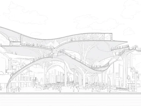 A sectional perspective drawing of a library with a dynamic, vivid interior scene. Several people are sitting and walking in the living area. The library features multiple levels, with interconnected spaces unified by curved structural elements. A large, open central atrium connects the floors visually and physically, with a sweeping ramp spiraling up to provide circulation. The architecture emphasizes fluid forms, with arches and vault-like elements supporting the floors and creating a sense of openness. The structural members appear light yet dynamic, contributing to an elegant aesthetic. The ground floor includes spaces with tables and chairs, suggesting areas for study or collaboration. The upper levels seem dedicated to reading areas and book storage, with shelves integrated into the walls. The perspective hints at a lively atmosphere, where people are reading, walking, or interacting within the space. The design prioritizes visibility and accessibility, encouraging community engagement and exploration. Large, open spaces suggest ample natural light, with potential for skylights or transparent facades. The interplay of light and shadow across the curved elements adds depth and dimension to the environment.,lineartSectionPerspectiveDrawing,lineartSectionPerspectiveDrawing