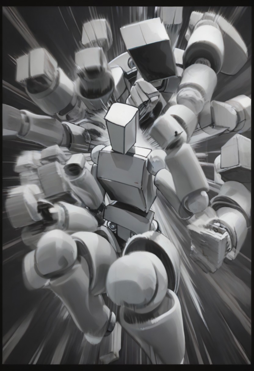 Score_9, score_8_up, score_7_up, BoxPerson, monochrome, greyscale, no humans, robot, mecha, humanoid robot, rushpunch,punching,multiple hands,fists,clenched fists,(motion_blur:1.2),(motion line:1.1),speed_lines