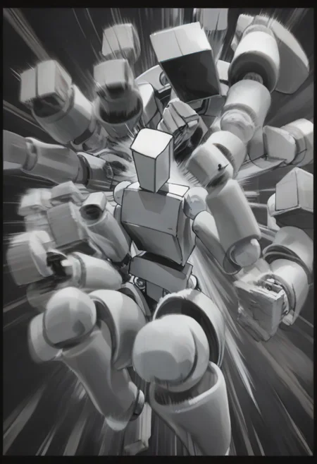 Score_9, score_8_up, score_7_up, BoxPerson, monochrome, greyscale, no humans, robot, mecha, humanoid robot, rushpunch,punching,multiple hands,fists,clenched fists,(motion_blur:1.2),(motion line:1.1),speed_lines