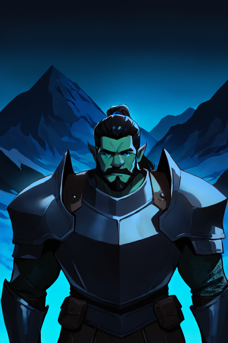 masterpiece, best quality, highres, newest, low light, dark, 1boy, solo, male focus, mature male, orc, colored skin, green skin, tusks, blue eyes, medium hair, black hair, hair slicked back, ponytail, facial hair, beard, mustache, looking at viewer, full armor, shoulder armor, breastplate, pauldrons, upper body, closed mouth, standing, outdoors, mountain, night, night sky, dark background <lora:Ani-B - Night [LoRA] - NoobAI-XL EPS 1.0:0.8>