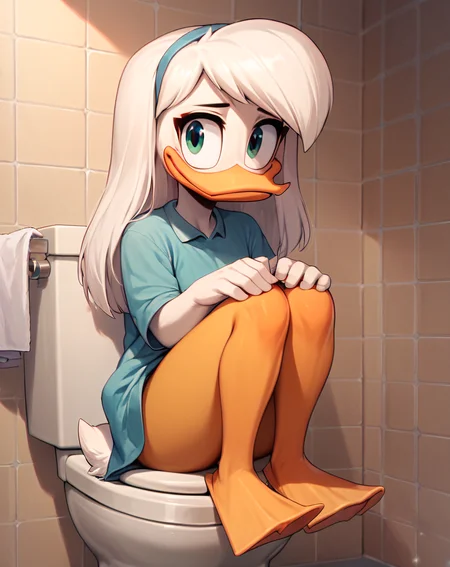 score_9, score_8_up, score_7_up, score_6_up,score_5_up,score_4_up, 1girl,   source cartoon, della duck, ducktales, duck, beak, bird, white skin, white body, long hair, hair, white hair, female, orange legs, webbed feet, scut tail, cute, tired, sitting down, on toilet, inside bathroom, bad light, short half way down, hunch,  elbows on legs, looking at you,   <lora:Della_Duck:1>, ZPDXL, <lora:more_details:1>  <lora:xl_more_art-full_v1:1> <lora:ugly_style:-1>