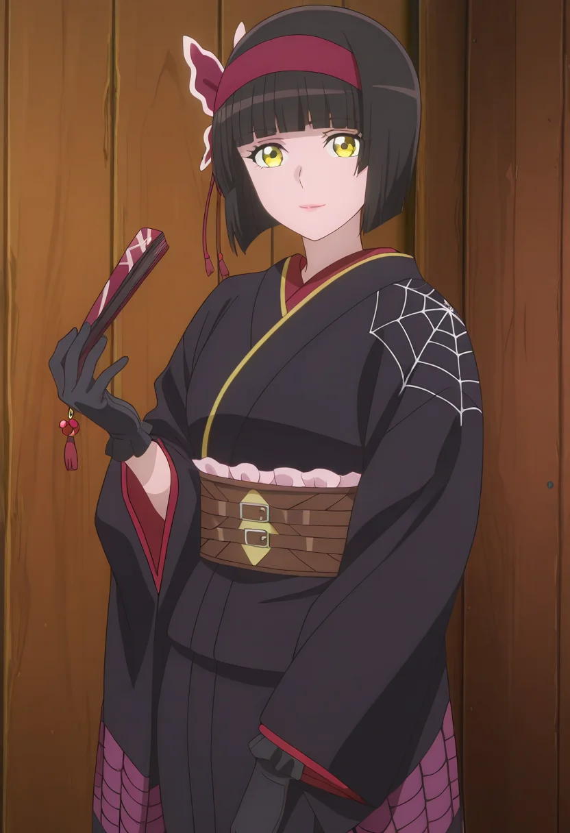 amazing quality,very aesthetic,absurdres,best quality,newest,masterpiece,4k resolution,highres, very aesthetic,absurdres,newest,well-defined fingers,well-defined fingernails,
anime style,,anime coloring, anime screencap,
1girl, solo,
looking at the viewer, standing pose, cowboy shot,
light smile,charm smiling,
<lora:MioCnn:1> Mio/Cnn,
short hair, bangs, blunt bangs, black hair, yellow eyes ,hairband, butterfly hair ornament,japanese clothes, kimono, black gloves ,spider web print,folding fan,