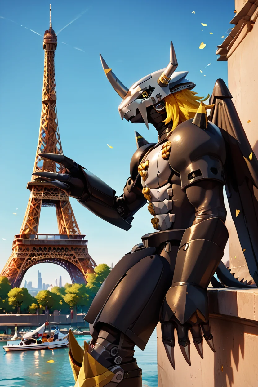 score_9, score_8_up, score_8, BREAK, , zzBlckWrgrymn, solo, no humans, horns, armor, helmet, blonde hair, spikes, yellow eyes, 1boy, male focus, monster, claws, robot, shoulder pads, mask, full armor, standing, wings, <lora:BlackWargreymon_Digimon:0.8>, , BREAK, zzEiffelTower in background, sitting, watercraft, boat, sitting on wall, side view, looking at viewer, smile, ,,, BREAK, blooming stars, luminescent petals, otherworldly fragrance blurry background, ,,, embedding:zPDXL, Expressiveh, ,,, <lora:EiffelTowerPDXL:0.8>, <lora:CatalystStylePDXL:0.6>, <lora:SDXLFaeTastic2400:0.5>, <lora:Expressive_H-000001:0.4>,