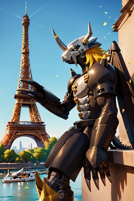 score_9, score_8_up, score_8,  BREAK, , zzBlckWrgrymn, solo, no humans, horns, armor, helmet, blonde hair, spikes, yellow eyes, 1boy, male focus, monster, claws, robot, shoulder pads, mask, full armor, standing, wings,  <lora:BlackWargreymon_Digimon:0.8>,  , BREAK, zzEiffelTower in background, sitting, watercraft, boat, sitting on wall, side view, looking at viewer, smile, ,,, BREAK, blooming stars, luminescent petals, otherworldly fragrance blurry background, ,,, embedding:zPDXL, Expressiveh, ,,, <lora:EiffelTowerPDXL:0.8>, <lora:CatalystStylePDXL:0.6>, <lora:SDXLFaeTastic2400:0.5>, <lora:Expressive_H-000001:0.4>,