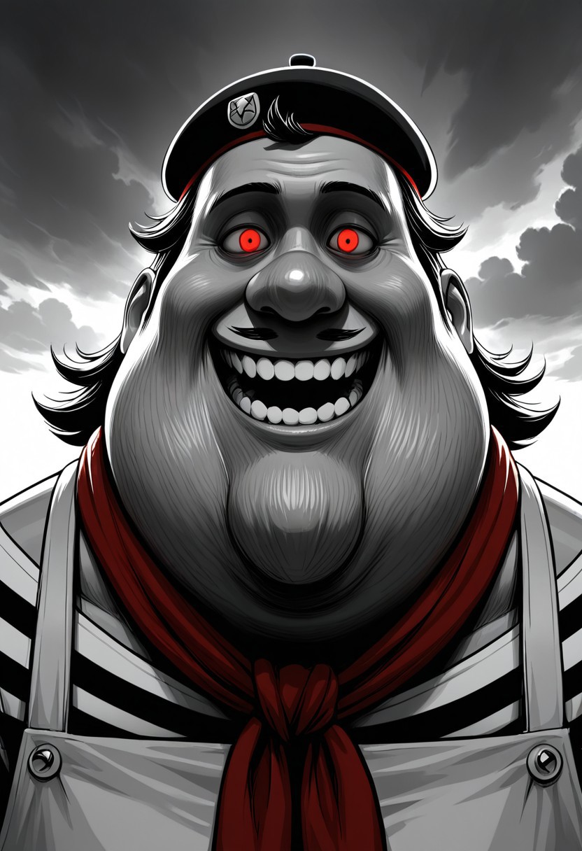 vivid colors, high quality, best quality, masterpiece, high resolution, (Evil, eerie, horror, monochrome, Oils on canvas), close shot, lighting on the front,  BREAK, 1boy, solo, (((André, short hair, red eyes, small thin mustache, mustache, a chubby neck, t-shirt, stripes, beret, headwear, a red scarf around his neck, a apron)))), big creepy smile, large teeth, looking at view, face portrait, BREAK, , red-orangish sky, cloudy