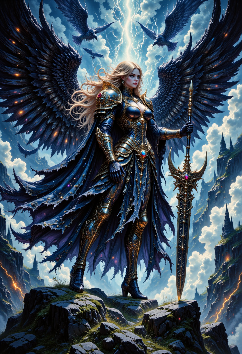 pinkgrimmreverie, "A winged warrior woman with a shining spear and a circular shield depicting a raven. Her ornate armor gleams with gold and blue hues, and she stands atop a battlefield with ethereal light streaming down and the shadows of fallen warriors behind her."