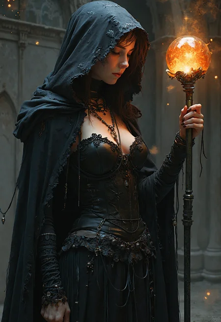 This is a highly detailed digital photograph featuring a mysterious female figure with a dark, gothic aesthetic. The subject is depicted in a three-quarter view, holding a glowing, magical staff in her right hand. Her face is obscured by a black hooded cloak, with the hood pulled over her head, but her upper body is illuminated by an eerie, ethereal glow emanating from her chest. This glow creates a striking contrast with her dark, tattered clothing, which includes a corset-like bodice with intricate, gothic lace detailing. The bodice is partially torn, revealing a glimpse of her skin beneath, adding to the sense of supernatural power.
Her skin is a deep, almost black shade, matching the dark ambiance of the scene. The background is dimly lit, with dark, shadowy elements that suggest an ancient, possibly haunted, cathedral setting. The staff she holds is ornate, with a glowing orb at the top, casting an orange light that enhances the mystical atmosphere. The textures in the artwork are rich and varied, from the smooth, reflective surfaces of the magical orb to the rough, tattered fabric of her clothing. The overall mood is dark, mysterious, and slightly ominous, evoking a sense of otherworldly enchantment.