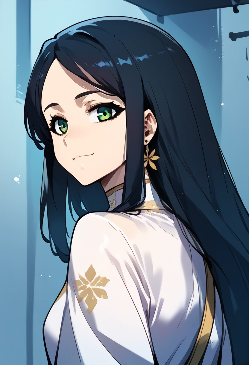 zPDXL3, score_9_up, score_8_up, score_7_up, (Anime_source), 1girl, ParkHejin, green eyes, black hair, long hair, Hejin clothes, looking at viewer, smile, closed mouth, upper body, looking back