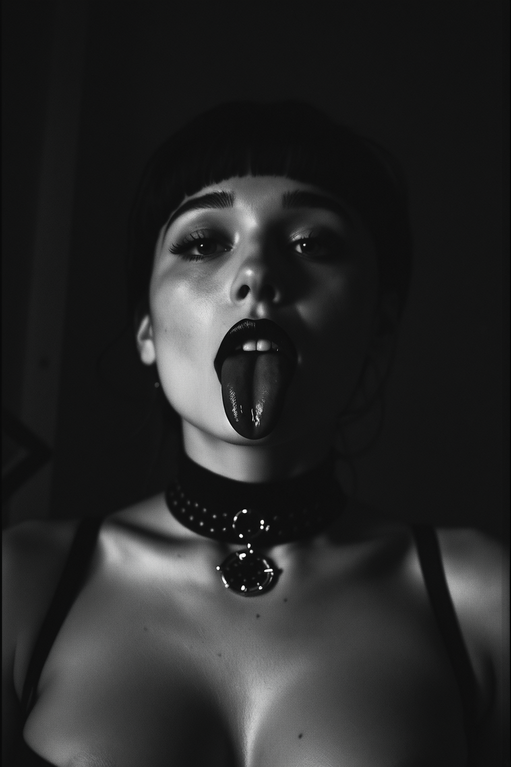 Photo of a woman, (lips, tongue), Captured with a 35mm lens, wearing skintight shiny black outfit, choker, the composition is highly detailed, luminous, ((nipple outline, breast focus, small perky breasts)), sensual, emotional, provocative lighting, (b&w, Monochromatic, Film Photography:1.3),  Photorealistic, Hyperrealistic, Hyperdetailed, film noir, analog style, soft lighting, subsurface scattering, realistic, heavy shadow, masterpiece, best quality, ultra realistic, 8k, golden ratio, Intricate, High Detail, film photography, soft focus, 3/4 view