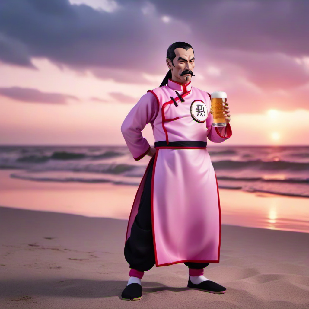 cinematic photo full body portrait 1boy, mustache, solo, single braid, black hair, pink and purple chinese clothes, facial hair,  having a beer on the beach, pink pole <lora:TaoPaiPai1024:0.8> . 35mm photograph, film, bokeh, professional, 4k, highly detailed