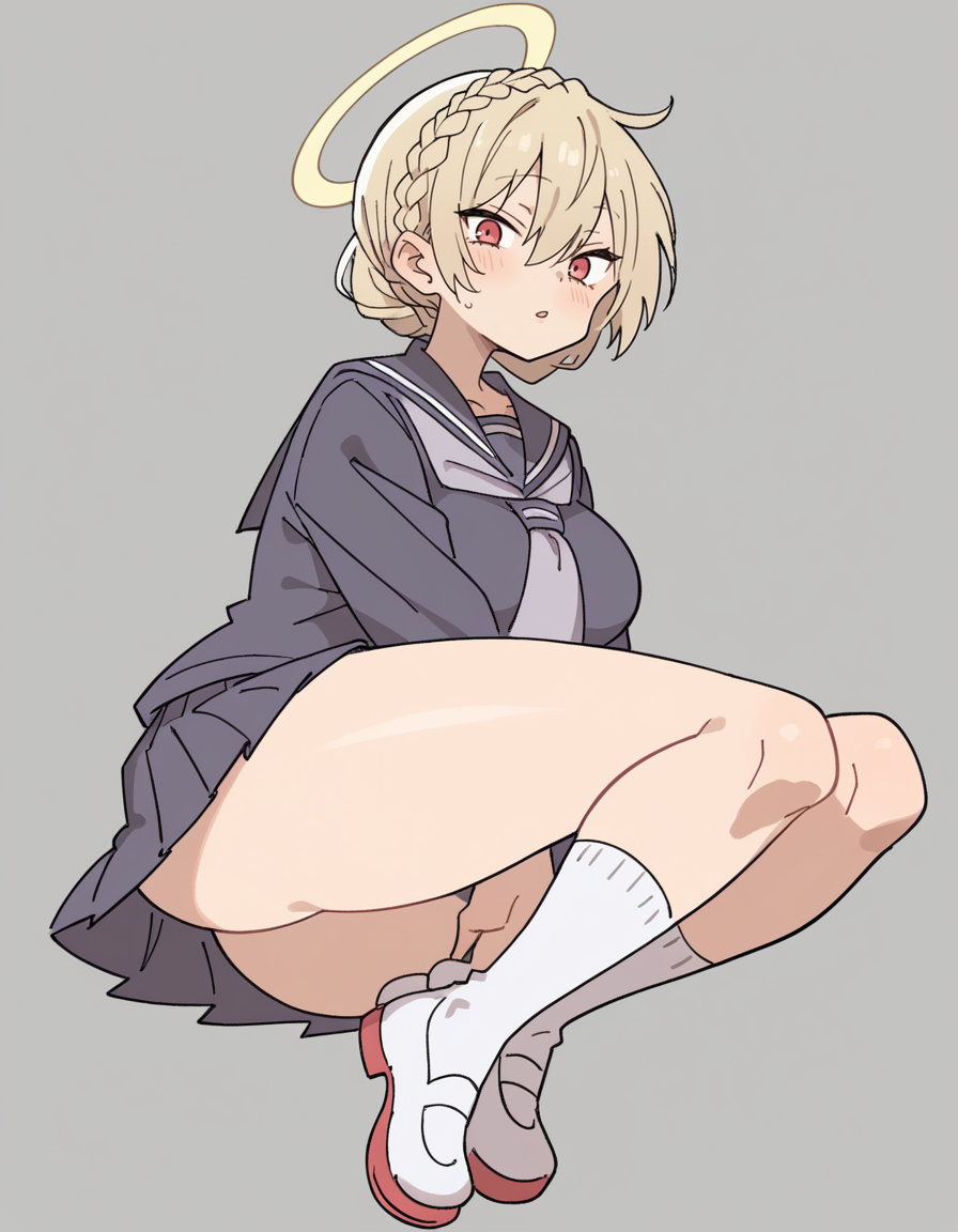 zPDXL, score_9, score_8_up, score_7_up, score_6_up, score_5_up, score_4_up, 1girl, solo,
 <lora:Maa:0.8> maa, flat color, serafuku, school uniform, pleated skirt, socks, white footwear, uwabaki, looking at viewer, halo braid, busty,