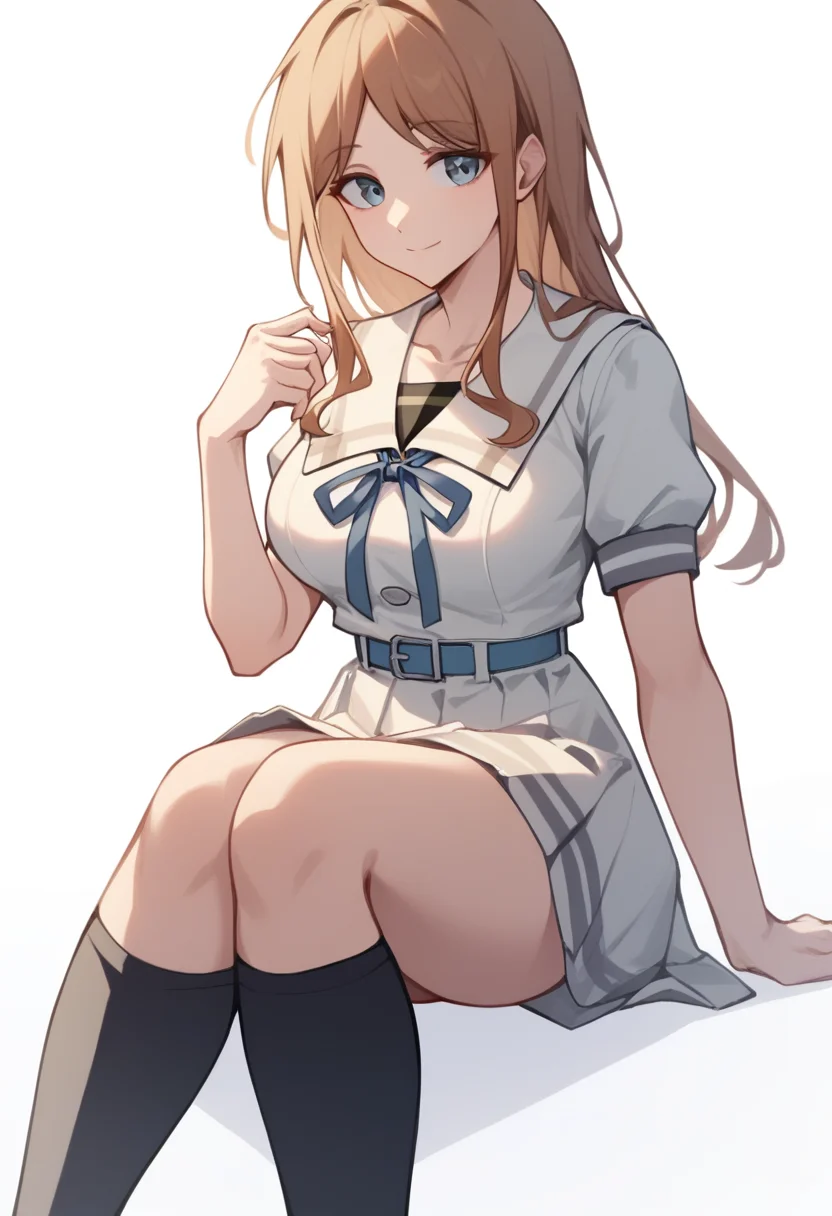 score_9,score_8_up,score_7_up,<lora: nagasaki_soyo_pony:1>,1girl, solo, white background, simple background, feet out of frame, sitting, hand up, light smile, closed mouth, hair lift, sidelocks, large breasts, thighs, convenient leg, collarbone, kneehighs, white dress, tsukinomori school uniform, black socks, serafuku, blue ribbon, neck ribbon, high belt, blue belt, white sailor collar, belt buckle, short sleeves, highres, double-breasted, knees up, arm at side, nagasaki soyo, commentary