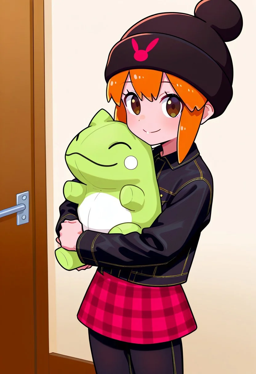 masterpiece, best quality, absurdres, 1girl, solo, female focus, usagi_kurokawa, brown eyes, beanie, black headwear, hat ornament, orange hair, bangs, short hair, sidelocks, short hair with long locks, denim jacket, black jacket, collared jacket, breast pocket, long sleeves, skirt, plaid skirt, pants under skirt, black jeans, jeans, holding stuffed toy, substitutedoll, cowboy shot, smile, looking at viewer, hug, indoors, standing,