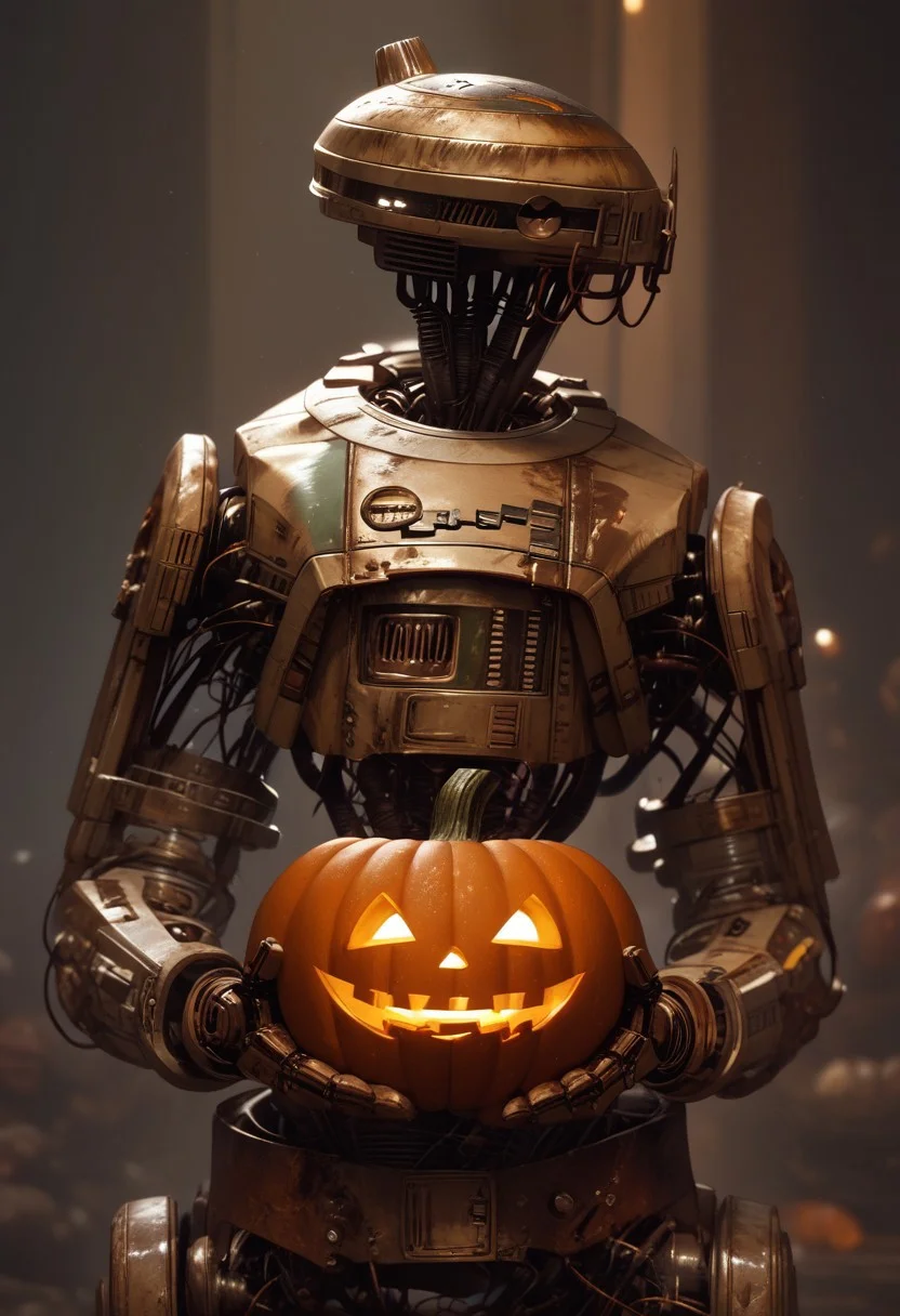 score_9, score_8_up, score_7_up, male robot, l3-37 made of pumpkin, holding a metallic Halloween pumpkin