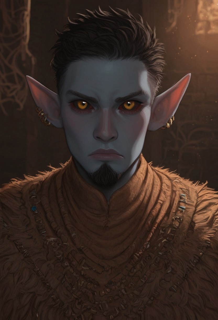 solo, short pointy ears, piercings, random elf face, aquiline features, male dark elf, masculine, long beard, weathered skin, large nose, athletic build,  animated realism, zoomed out, Syrian features, torso, brass pipes and gears, intricate architecture, dwarven masonry, dwemer fixtures, white-green light, gloomy lighting, ancient ruins, interior, stone tiled floor, grey-blue skin, mahogany and ivory clothes, medium armor, bone plate armor, ivory straps and fittings, alien bone ornaments, grey wood neckguard, dark red sclera, black pupils, distant mushroom forest, blue-green light, neon, highly detailed, defined features, looking at viewer, three quarters view, from front, dynamic lighting, 56 years old, light and shadows, patterned cloth, annoyed expression, expressive eyes, detailed medieval clothes, short hair, wavy hair, thick hair, beaded hair, braided hair, under cut hair, semirealistic, alien elf, spanish features, jewish features, black hair, dark red hair, umber skin, sharp features, pastel green berber print cloak, nighttime, high detail, absurdres, pretty eyes, detailed eyes, yellow eyes,
