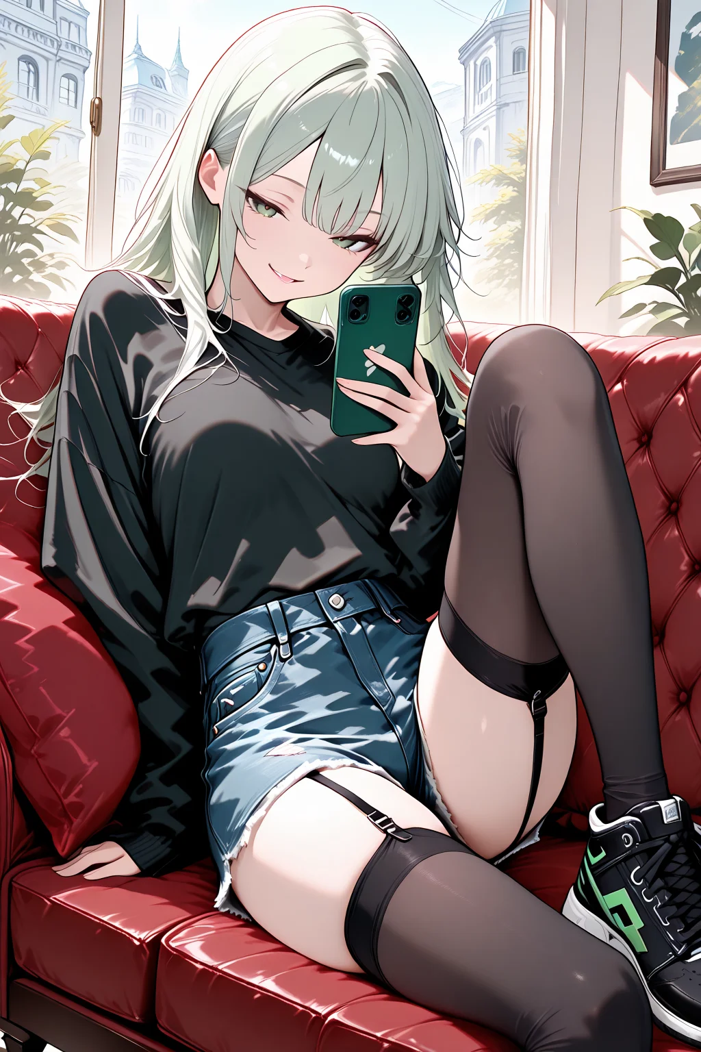 lazympos, rkgk art, rkgk,unfinished, sketch, very aesthetic, high resolution, ultra-detailed, absurdres, newest, scenery,1girl, solo, ani, green eyes,thighhighs, top, denim shorts, black sneakers, garter straps, sitting on couch, knee up, looking at smartphone, naughty face