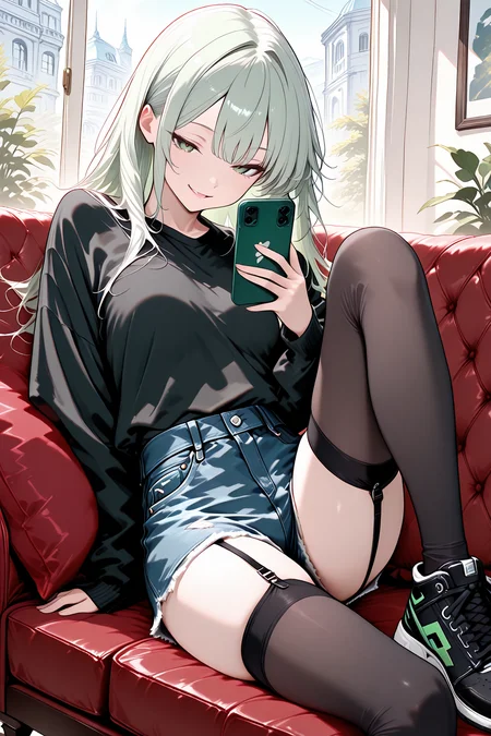 lazympos, rkgk art, rkgk,unfinished, sketch, very aesthetic, high resolution, ultra-detailed, absurdres, newest, scenery,1girl, solo, ani, green eyes,thighhighs, top, denim shorts, black sneakers, garter straps, sitting on couch, knee up, looking at smartphone, naughty face