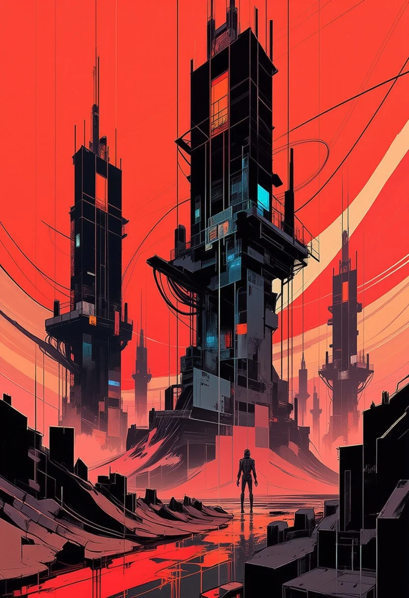 ckbwaw, a digital artwork in the style of ckbwaw, nvinkpunk, inksketch in red and black of towering, enigmatic structures rising from a barren, arid landscape. Each tower is adorned with intricate, glowing lines of orange and blue lights, hinting at the advanced technology within. In the distance, other towering monoliths are visible, creating a sense of endlessness. The lighting, casting long, dramatic shadows. The camera is set at ground level, looking up at the overwhelming scale of the station, emphasizing its imposing and mysterious nature, silhouetted against a red sky
