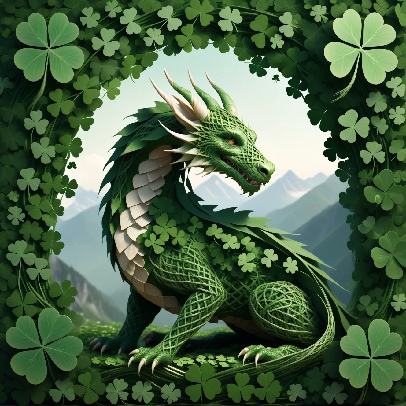 mountains, HUD_shmrck, dragon made of delicate shamrock clover leaves intricately woven together, <lora:Shamrocked:0.8>, creating a whimsical and ethereal look, highly detailed