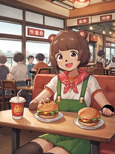 high quality, score_9_up, score_8_up, score_7_up, <lora:pnpk_A01:1>, tanuki, female, burger
