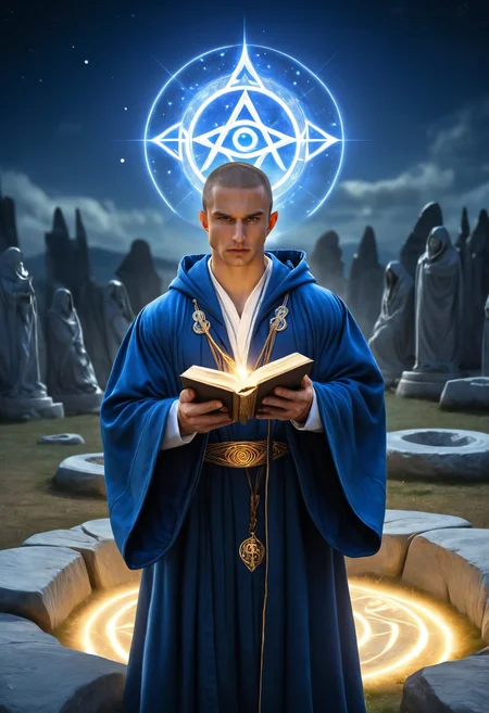<lora:gavin_croghan_sdxl-000010:1> gavinperson, as a mage with a focused gaze, clenched jaw, direct gaze, intense expression, dressed in deep blue robes with glowing arcane symbols, holding a floating magical tome, soft energy radiating from his hands, standing in the center of a moonlit stone circle, cinematic fantasy lighting, highly detailed, artistic fantasy style, extremely high quality image, HDR, fantasy, photo Centered in Perfect Composition, Complex Details Showing Unique and Enchanting Elements, Very Detailed Digital Painting, Golden Ratio, Dramatic Lighting, Very Realistic,
