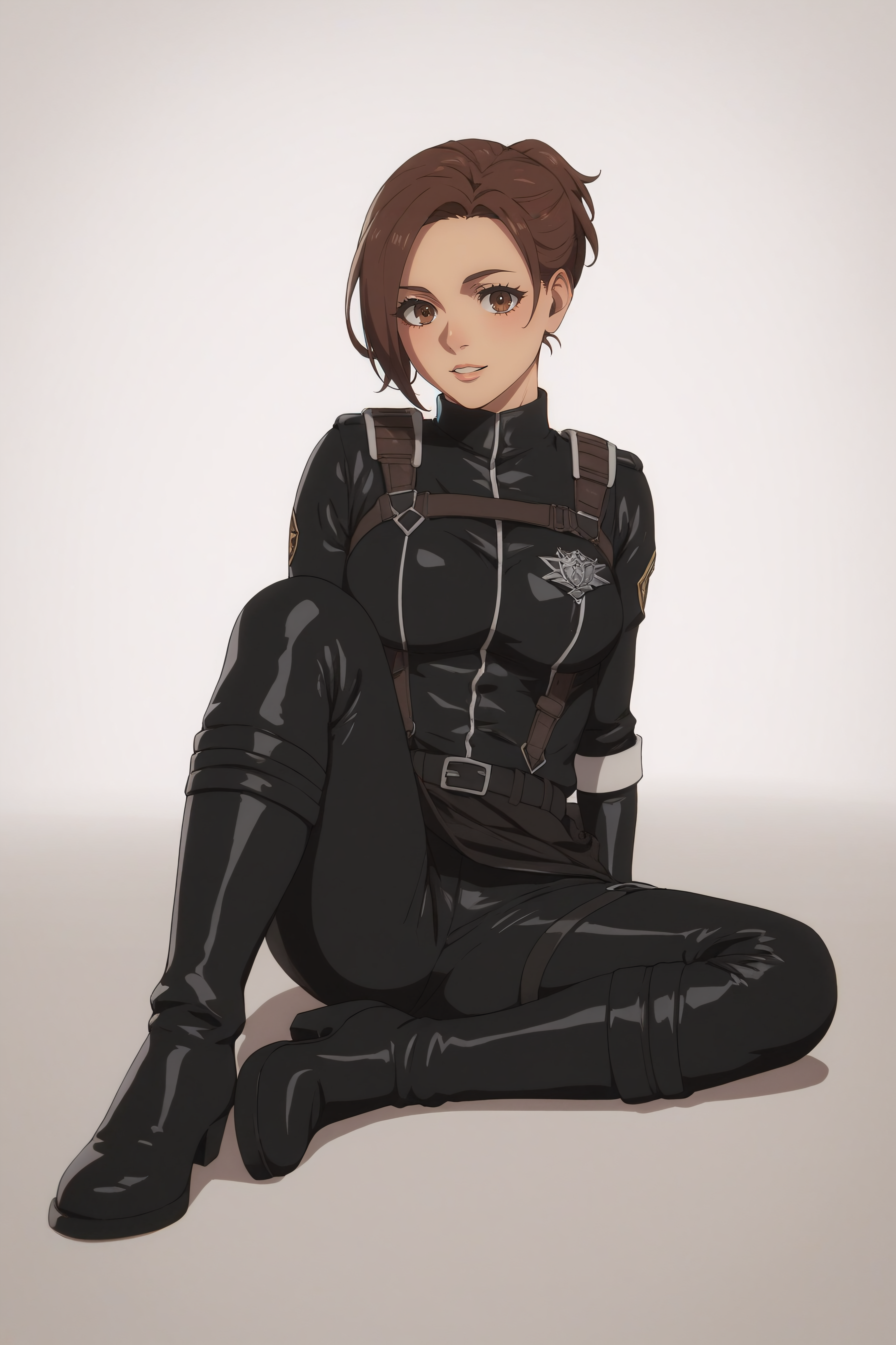 score_9, score_8_up, score_7_up, BREAK source_anime, <lora:Sasha Blouse-PonyXL-lora-Faxtron:0.8> sasha blouse, brown eyes, brown hair, short ponytail, medium breasts, black paradis military uniform, black pants, boots,
