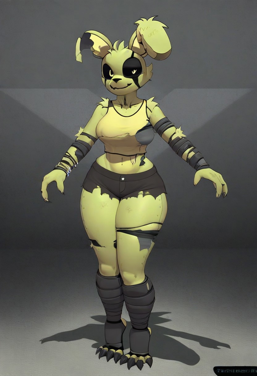 furry, animal nose, 1girl, solo, alone, , claws, shorts, , tank top, bitch, (((extra thicc thighs))),tiptoes, topless.   bracelet, , ),female springtrap, broken body,animatronic, sexy,female springtrap, accessories