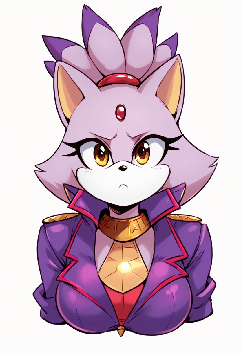 score_9, score_8_up, score_7_up, source_anime, blaze the cat, blaze the cat (sonic), large breasts, huge breasts, enormous breasts, big breasts, short stacked, short, adorable, upper body, white background, blank background, looking at viewer, white gloves, 1girl, 1girl only, perky breasts, focussed expression, big eyes, large eyes, arms out to sides, athletic upper body, toned upper body, firm breasts, red line in centre of jacket, closed purple jacket,