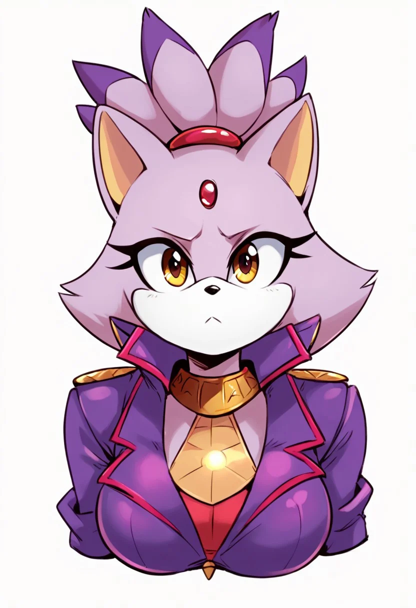 score_9, score_8_up, score_7_up, source_anime, blaze the cat, blaze the cat (sonic), large breasts, huge breasts, enormous breasts, big breasts, short stacked, short, adorable, upper body, white background, blank background, looking at viewer, white gloves, 1girl, 1girl only, perky breasts, focussed expression, big eyes, large eyes, arms out to sides, athletic upper body, toned upper body, firm breasts, red line in centre of jacket, closed purple jacket,