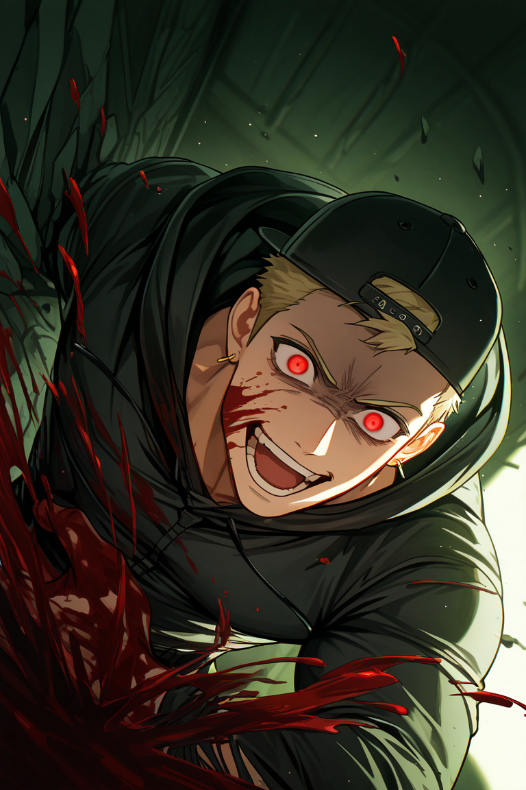 realistic shading, dimlighting, dramatic lighting, green theme, male focus, expressive angry face, urektg, shaded eyes, red_urektg_eyes, shaded face, blonde_urektg_short hair, white_urektg_backwards baseball cap, yellow_urektg_earrings, 1boy, glowing eyes, blood on face, wide-eyed, laughing, open mouth, hysterical, bloody hand, excessive blood, hood, torn clothes, muscular male, floating clothes, windy, shadow, night indoors prison, broken wall, scenery, dark environment, foreshortening, from above, dutch angle, dynamic angle, dynamic action, intricately detailed illustration, cinematic, depth of field, atmospheric perspective, masterpiece, best quality, amazing quality, very aesthetic, absurdres, newest, BREAK, dust particles, floating object