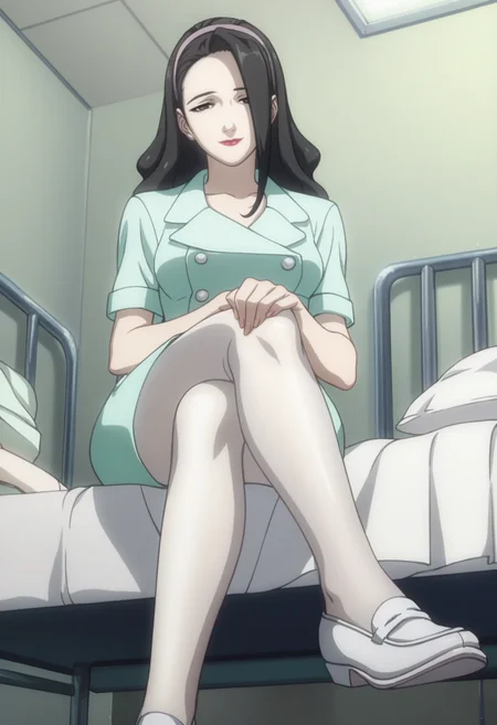 score_9, score_8_up, score_7_up, score_6_up, anime screencap, anime coloring, <lora:Marnie_epoch_9:0.8>, Marnie, 1girl, solo, black hair, long hair, black eyes, hairband, lipstick, breasts, 
nurse, white pantyhose, white shoes, loafers,
looking at viewer, smile, sitting, crossed legs, hand on own knee, from below, seductive pose,
BREAK hospital bed, indoors,