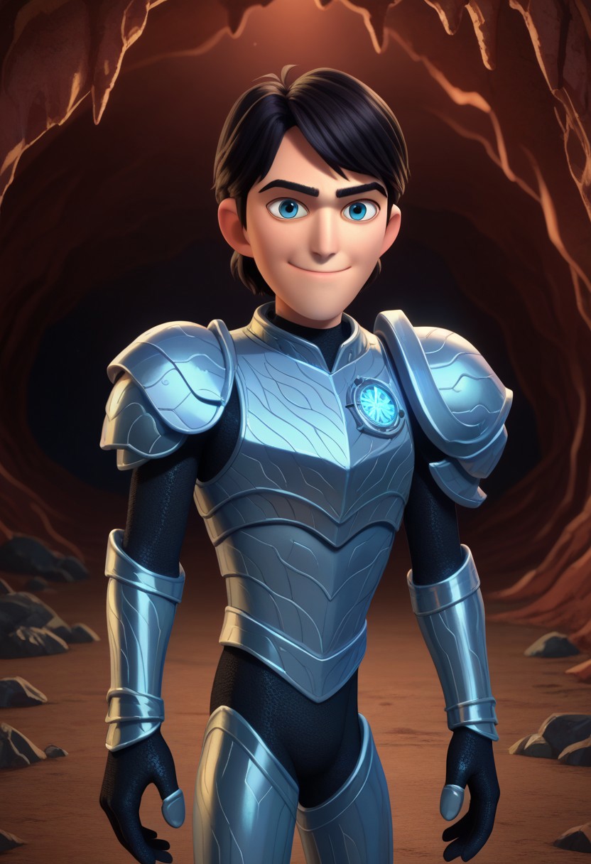 score_9, score_7_up, 
jimth, 1boy, male focus, solo, blue eyes, black hair, short hair, full armor, silver armor, light smile, 
outdoor, cave,