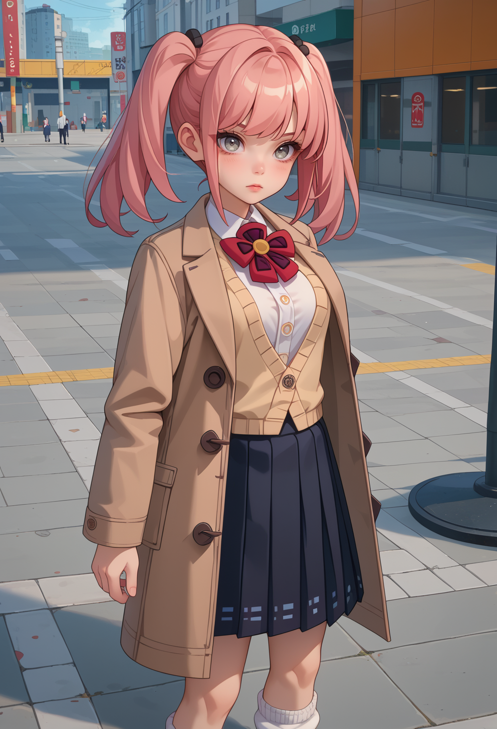 score_9, score_7_up, source_anime, BREAK  <lora:AEIda:0.7> AEIlda, grey eyes, long hair, pink hair, twintails, brown coat, cardigan, open coat, long sleeves, collared shirt, white shirt, red bowtie, black skirt, pleated skirt, loose socks, white socks, black footwear, loafers,