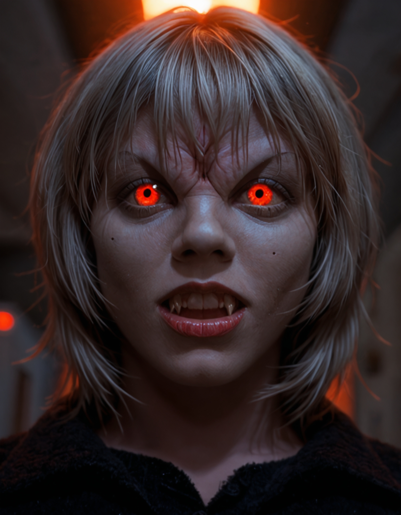 score_9,score_8_up,score_7_up,vmp,ayanami_rei, neon_genesis_evangelion, 1girl, blue_hair, red_eyes,from below,medium hair,yellow eyes,teeth,fangs,solo focus,looking at viewer,horror,photo,realistic,cemetery,dramatic lighting,chiaroscuro,depth of field,cinematic,standing