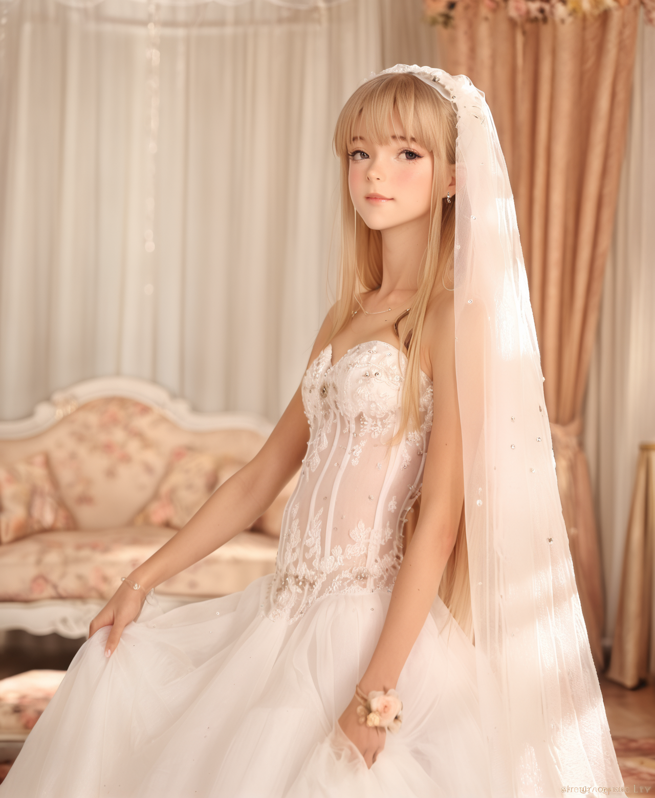 masterpiece,best quality,amazing quality,1girl,solo,cowboy shot，looking_at_viewer,from front,
<lora:人物loras\ill\ev4rv02\ev4rv02.safetensors:1.0>, very_long_hair, ligh gold hair,petite,slender,  
wedding dress, strapless,(see through:1.2),jewelry,veil,
indoors, living_room, 
grabbing dress,



