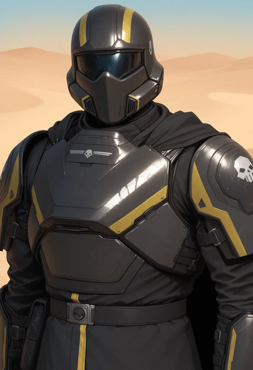 h3lldiv3r, armor, half-length portrait, three-quarter view, male focus, outside, desert, cape, colored background, detailed, perfect anatomy, masterpiece, best quality, good quality, newest, very aesthetic, <lora:HelldiverB-01_Helldivers2_V1_ILXL:0.8> <lora:NOOB_vp1_detailer_by_volnovik_v1:1>