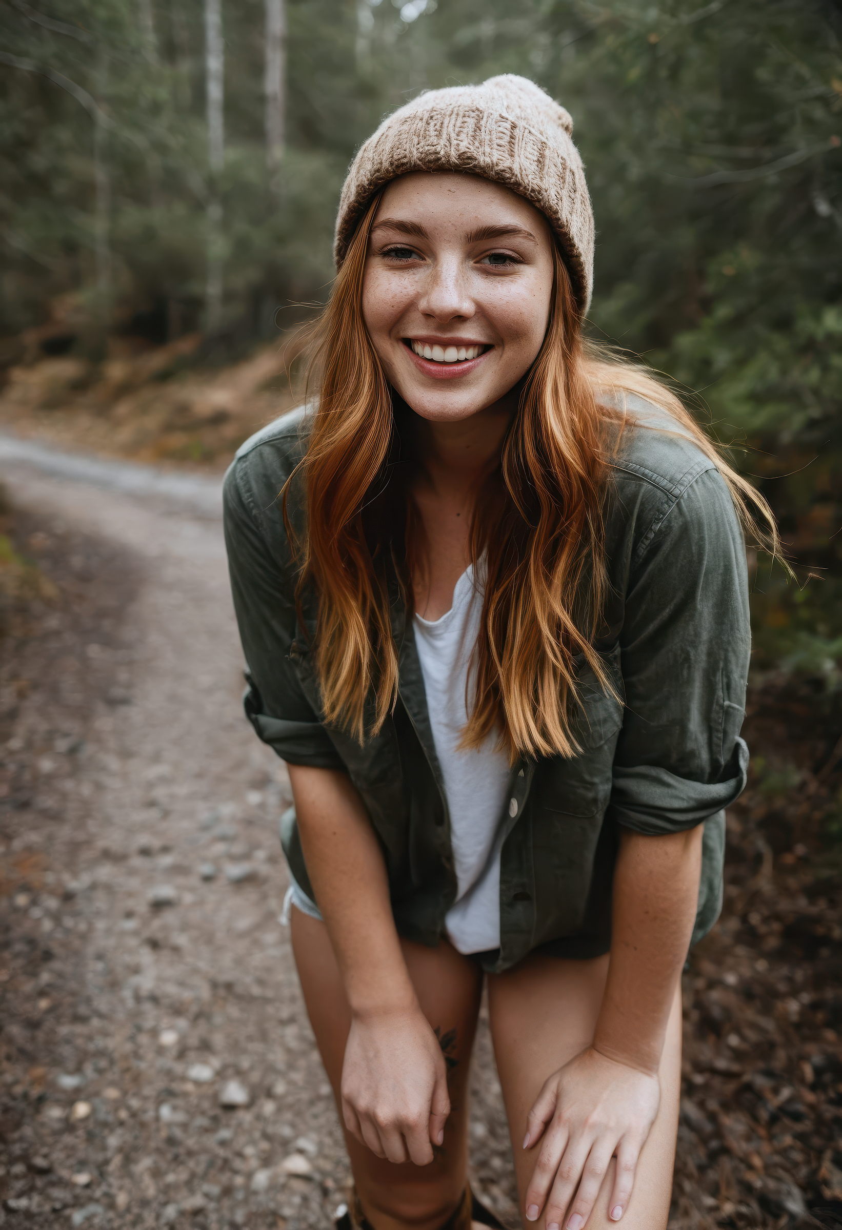 award-winning RAW editorial photo of a 20-year-old European woman outdoors, auburn hair with blonde highlights, (slight freckles:1.2), wearing a beanie hat and sunglasses, smiling and laughing with a natural, carefree energy, confident posture, hiking boots on, standing in a wild natural setting, subtle natural body hair, cinematic soft light, earthy tones, high-resolution realism, artistic and tasteful vibe