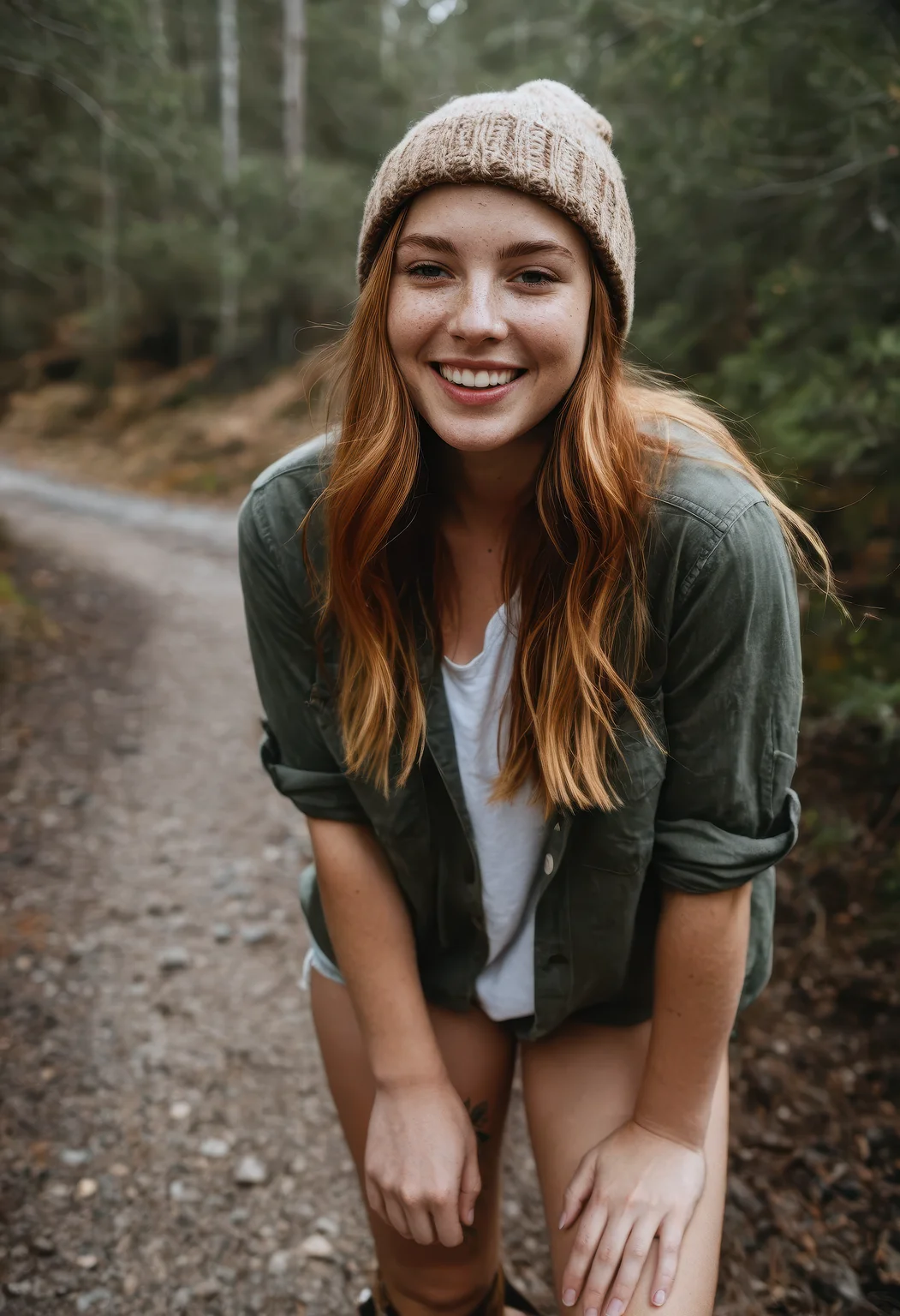 award-winning RAW editorial photo of a 20-year-old European woman outdoors, auburn hair with blonde highlights, (slight freckles:1.2), wearing a beanie hat and sunglasses, smiling and laughing with a natural, carefree energy, confident posture, hiking boots on, standing in a wild natural setting, subtle natural body hair, cinematic soft light, earthy tones, high-resolution realism, artistic and tasteful vibe