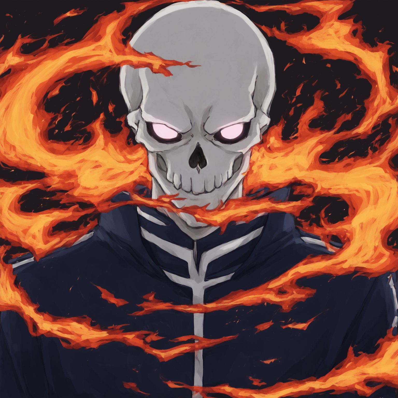 <lora:SlimesAtsushiOhkuboStyle:1>, slimes_atsushistyle, skull knight, portrait, blue flames, burning background, art by Atsushi Ohkubo