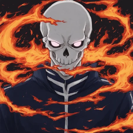 <lora:SlimesAtsushiOhkuboStyle:1>, slimes_atsushistyle, skull knight, portrait, blue flames, burning background, art by Atsushi Ohkubo