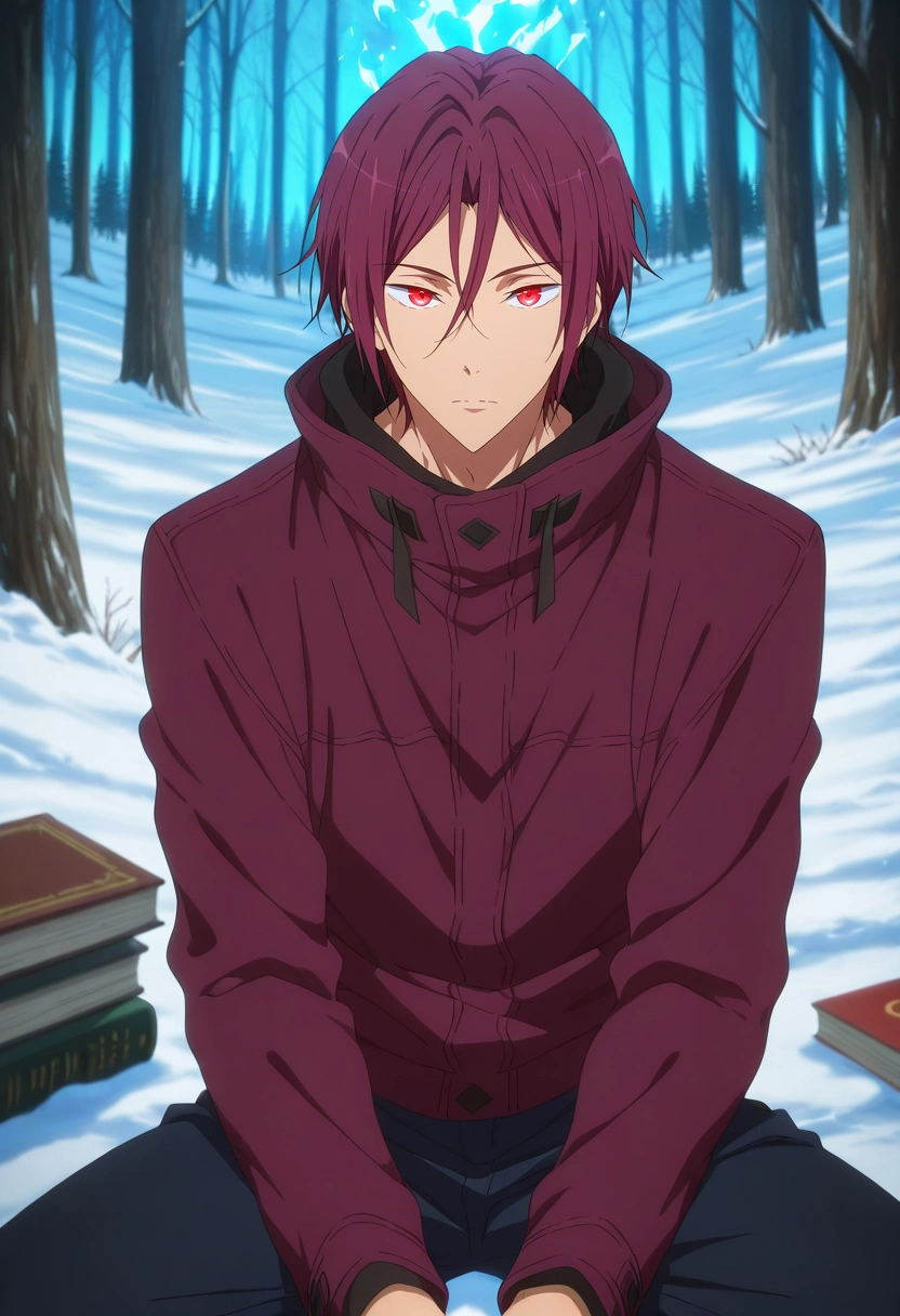 masterpiece, best quality, , anime screencap, , official style, looking at viewer, 1boy, solo, male focus, <lora:rin_matsuoka_ilxl:1>, rin_matsuoka, red hair, red eyes, hair between eyes, quiet cabin, glowing hearth, snow-draped forest, scattered books, sitting pose, reflective expression, winter warmth,