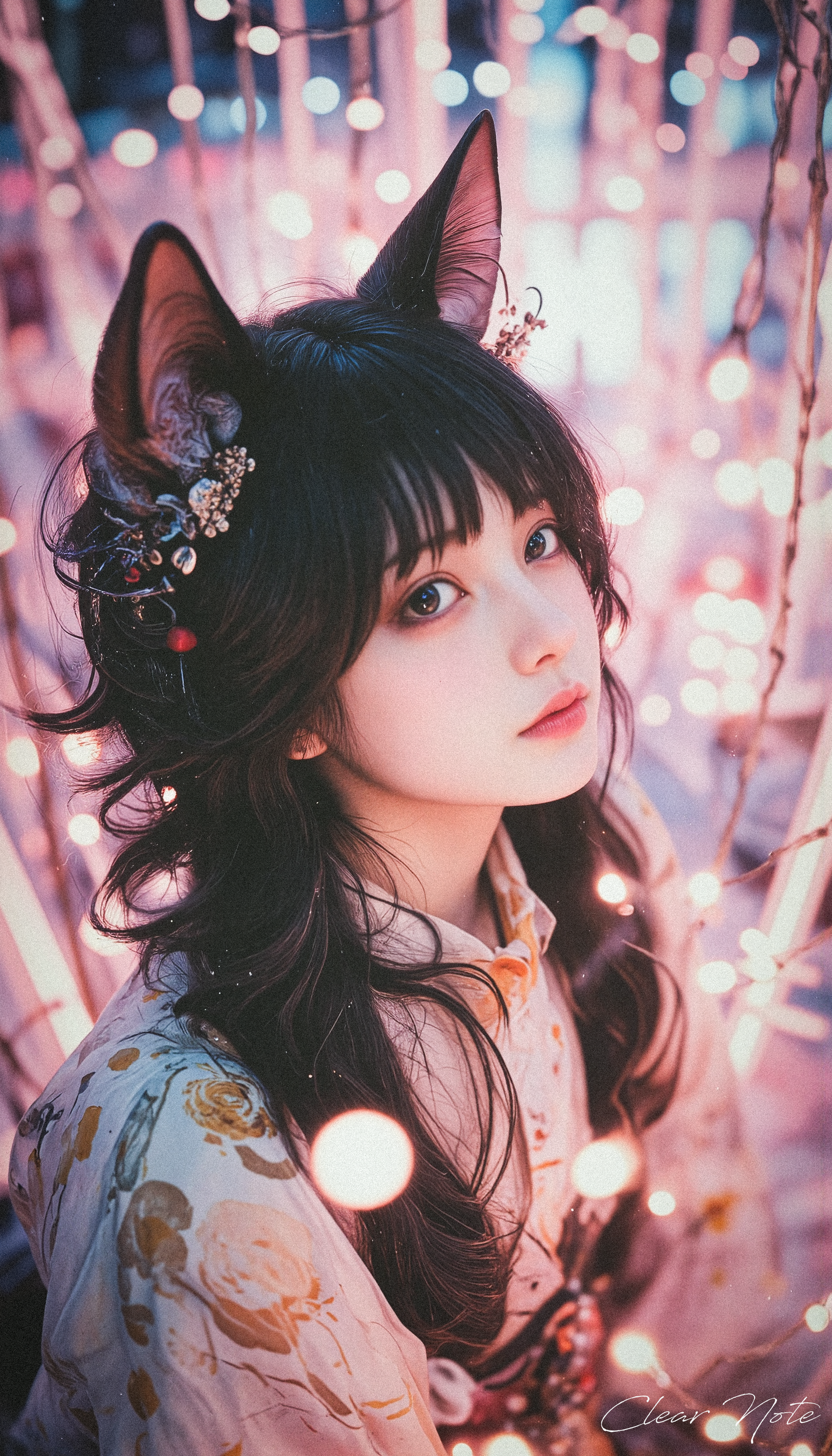 Neo Photorealistic Art Style, A surreal Japanese girl with long fox ears, flowing black hair, in a floral white kimono, standing in a futuristic Neo-Japan with warped space and a timeless aura.