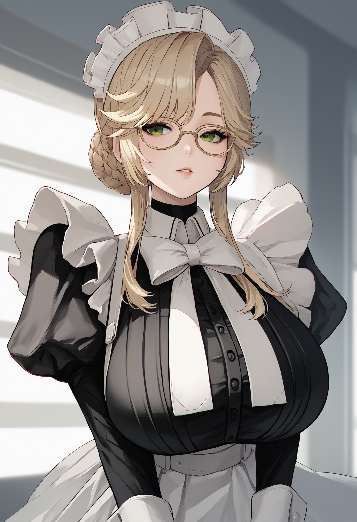 score_9, score_8_up, score_7_up, source_anime BREAK 1girl, solo, <lora:maeshimashigeki-artist-richy-v1_pdxl:1>  <lora:ade-nikke-richy-v1_pdxl:1> ade, green eyes, glasses, blonde hair, bangs, braid, hair bun, maid, maid headdress, white bow, juliet sleeves, puffy sleeves, frills, maid apron, huge breasts