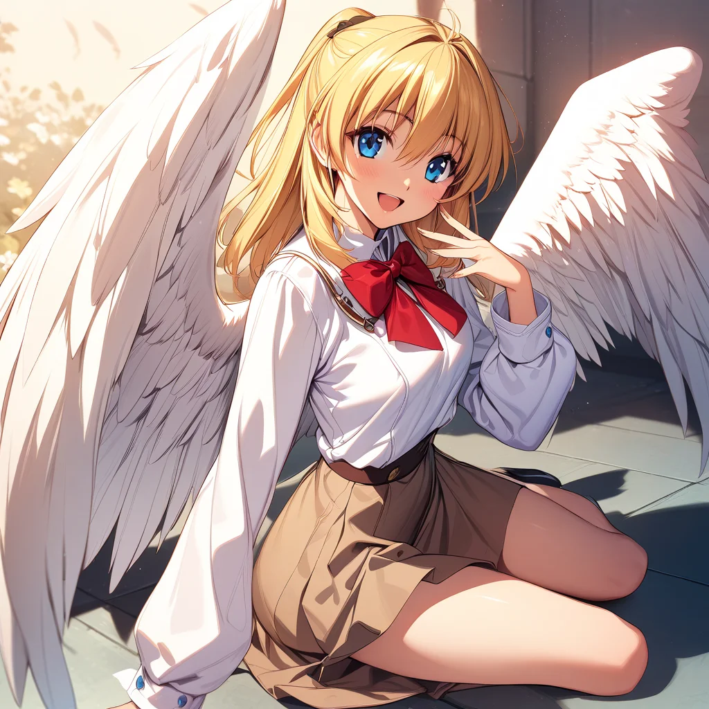 (masterpiece),(best quality),(ultra-detailed),(best illustration),(best shadow),(absurdres),(detailed background),(very aesthetic), rosette_christopher, 1girl, wings, solo, blue eyes, blonde hair, feathered wings, skirt, angel wings, looking at viewer, open mouth, smile, long sleeves, bow, feathers, shirt, red bowtie <lora:Rosette_Christopher:1>