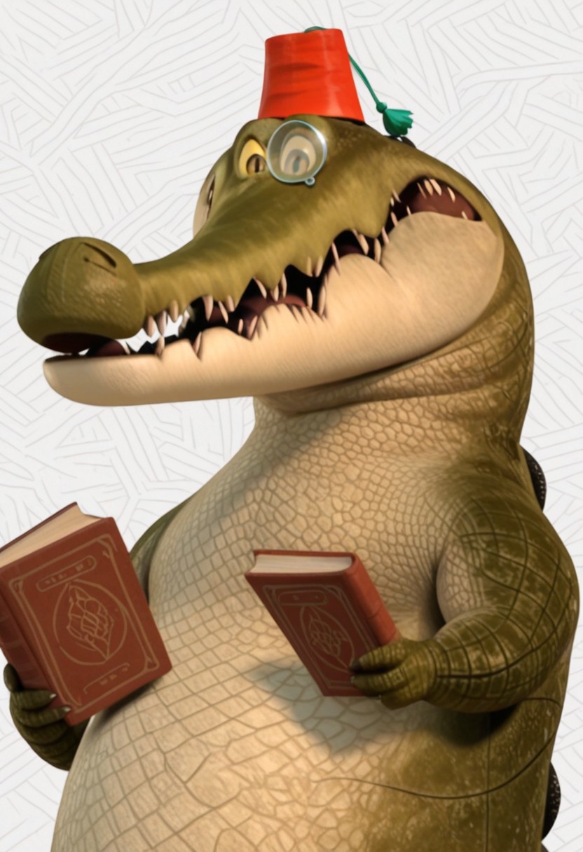 Crocodile_Ambassador, crocodile, sharp teeth, jagged teeth, fangs, dark green scales, tan belly scales, monocle, fez, red fez, red fez with green string attached, yellow sclera, black pupils, small eyes, tail, thick tail, 1boy, holding objects, holding book, abstract background, smile, looking at viewer, white background, (masterwork, masterpiece),