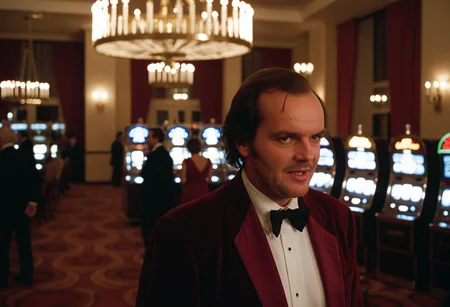 Shin1ng, Jack Torrance, luxury casino, people, Overlook Hotel, indoors, (stylish grainy 35mm analog film photo)