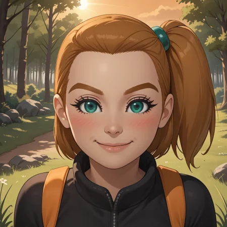 score_9, score_8, BREAK, solo, wii, mii, wii sports, 1girl, female mii, dark blonde hair, side ponytail, dark blonde eyebrows, green eyes, blush, black clothing, black pants, shoes, breasts, nintendo mii, modern_mii, classic_mii, Polly_(Wii_Sports), cute, sexy pose, self portrait, smile, outdoors, sunlight, shadows, evening lighting, natural lighting, forest, trees, grass, orange sky, sunset