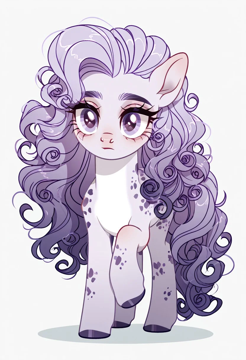 score_9, score_8_up, score_7_up, score_6_up, score_5_up, score_4_up, show accurate, full body, simple background, feral pony, female pony, elegant appearance, original character, unicorn, graceful look, Light purple body, white belly, dark purple spots, lavender eyes, flowing hair with silver strands, long wavy hair, curly texture, tail reaching the ground, glossy white hooves